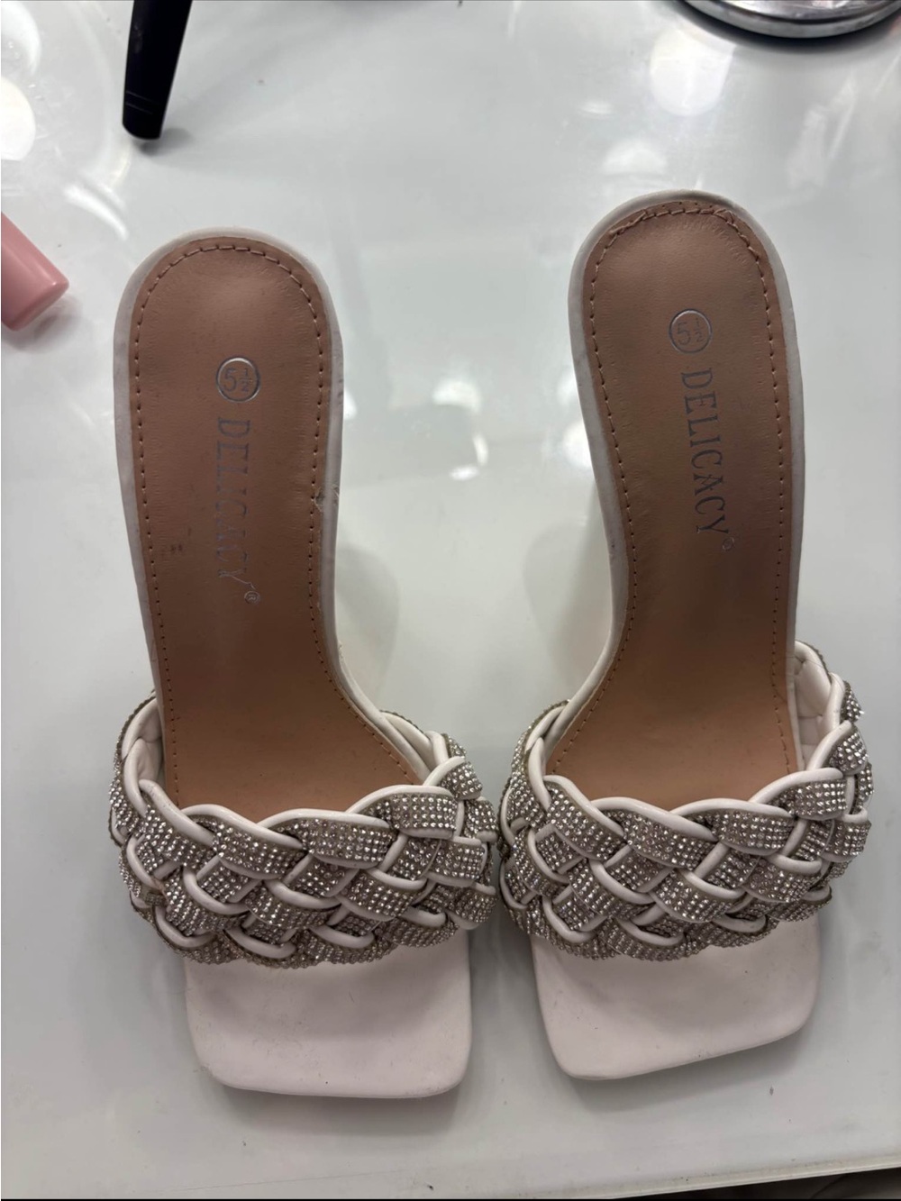 Delicacy White Braided Crystal Slide Mules